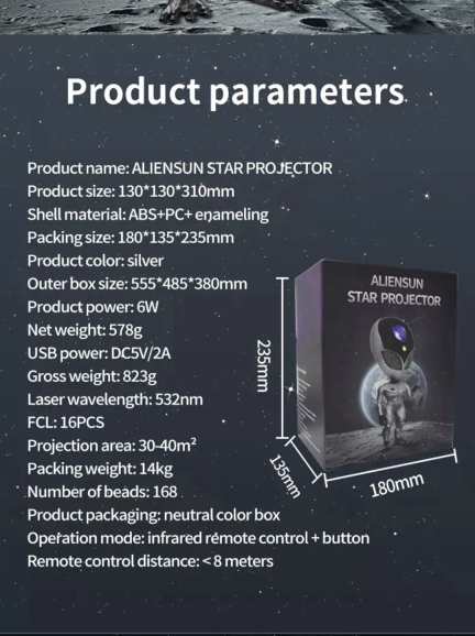 Alien Nightlight Projector & Smart light (13cm*13cm*31cm high) with remote.