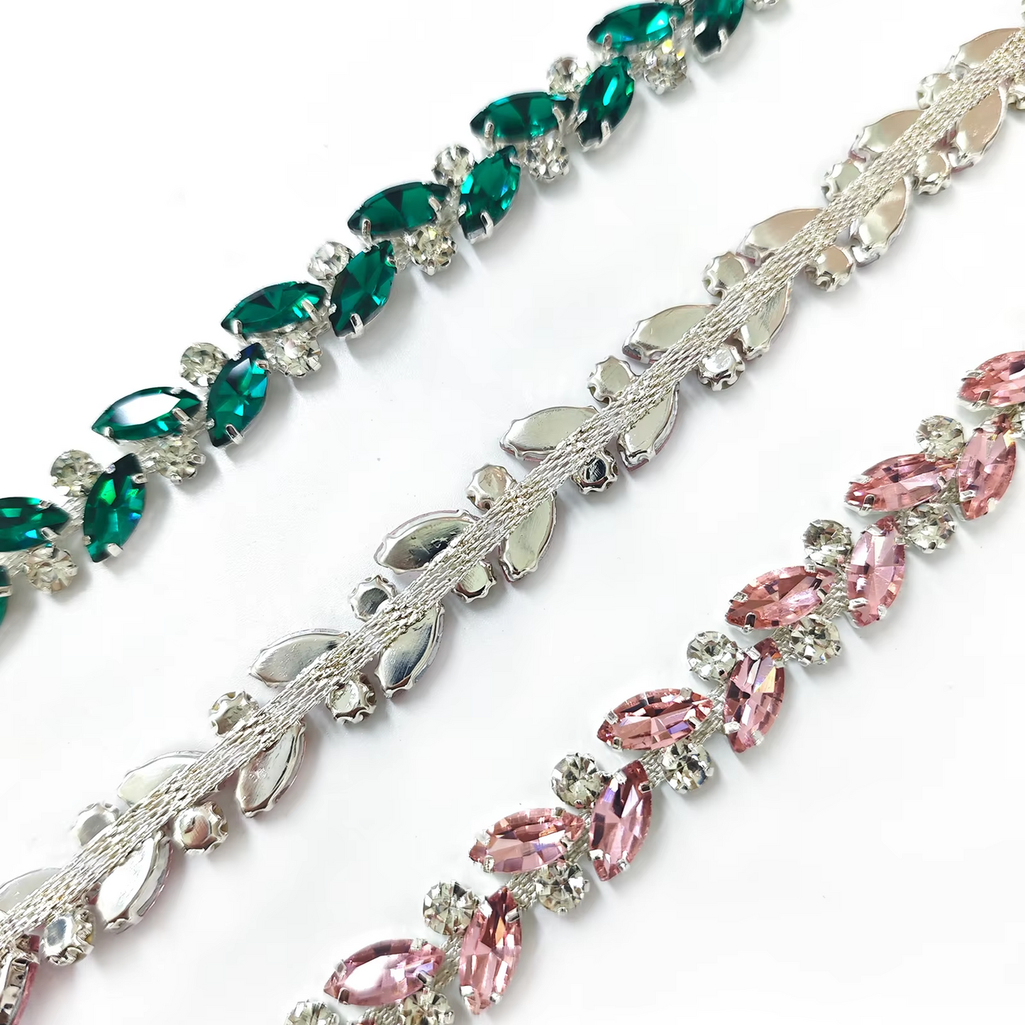 Non Hot-Fix Rhinestone Trimming (for shoes & garments)  25cm strips. (Light Pink; Emerald & Crystal AB)